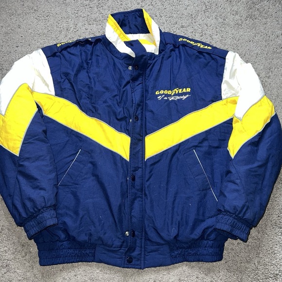 VINTAGE 90s GOODYEAR #1 in Racing Puffer Jacket Size Large WrapAround Diamond - Picture 2 of 6